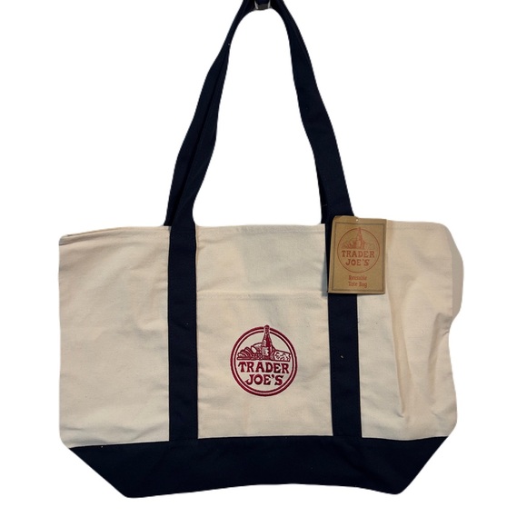 Trader Joes Bag Canvas Reusable Heavy Cotton Shopping Navy 20.5x14x6.5 Tote - Picture 1 of 7